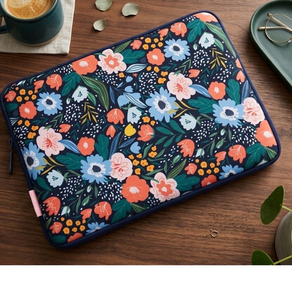 Pink Sky 14" Laptop Sleeve Tablet - Blue Pink Multi Floral Neoprene